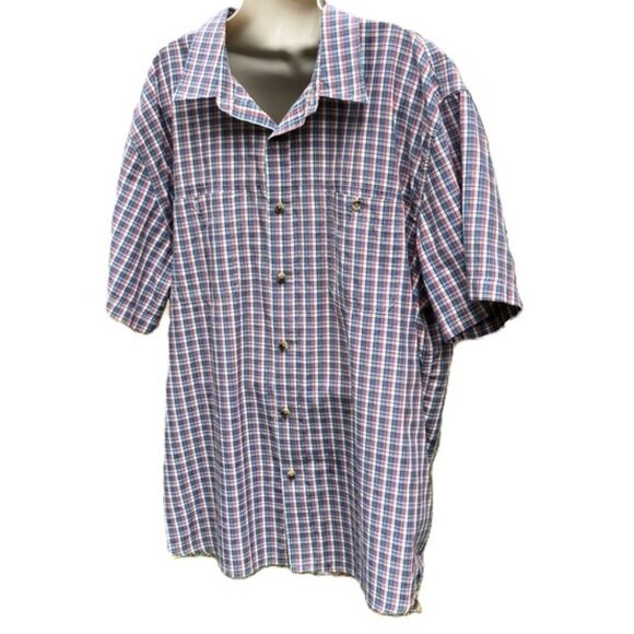 G. H. Bass and Co Button Down Short Sleeve Red White Blue Checker Plaid Men XL - Picture 1 of 15